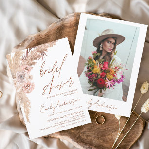 Terracotta Floral Boho Pampas Grass Bridal Shower Invitation