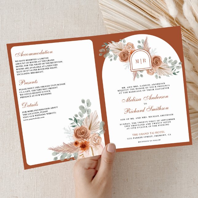 Terracotta Floral Boho Pampas QR Code Wedding Invitation (Creator Uploaded)