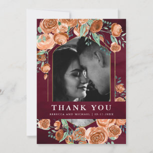 Terracotta Floral Burgundy Photo Collage Wedding Thank You Card