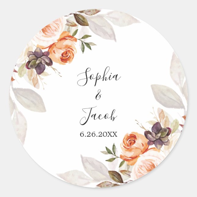 Terracotta Floral Burnt Orange Boho Fall Wedding Classic Round Sticker (Front)