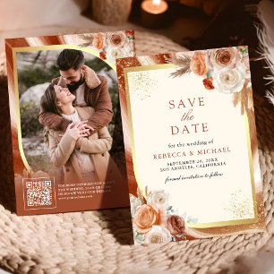 Terracotta Floral Cream Gold QR Code Photo Wedding Save The Date