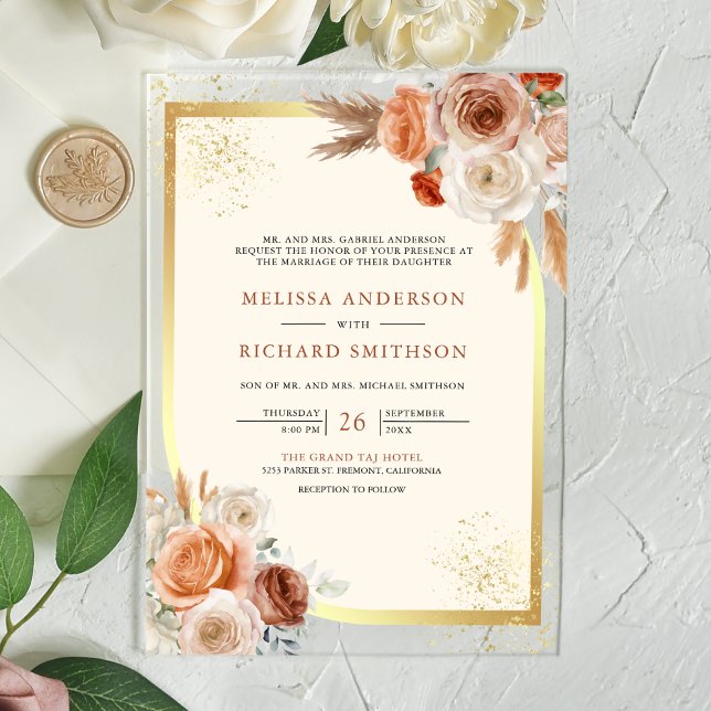 Terracotta Floral Cream Gold Wedding Acrylic Invitations (Creator Uploaded)