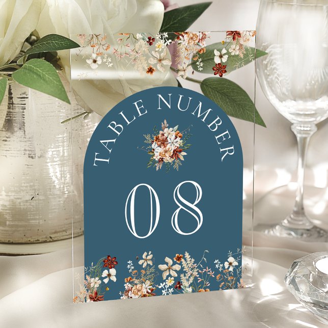 Terracotta Floral Dusty Blue Acrylic Table Number (Creator Uploaded)