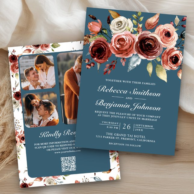 Terracotta Floral Dusty Blue QR Code Wedding Invitation (Creator Uploaded)