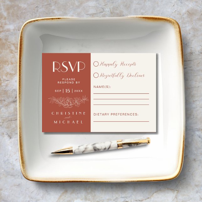 Terracotta Floral Elegant Budget Wedding RSVP Card (Terracotta Floral Elegant RSVP Card with Magnolia Flowers, dietary preferences.)