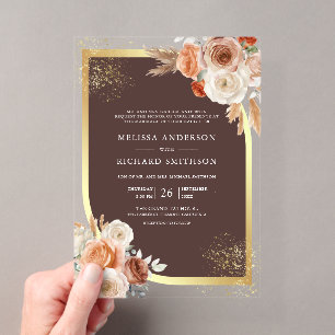Terracotta Floral Espresso Brown Gold Wedding Acrylic Invitations