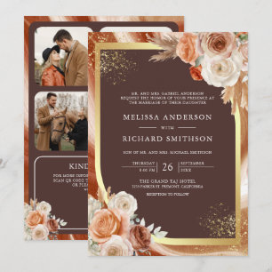 Terracotta Floral Espresso Brown QR Code Wedding Invitation