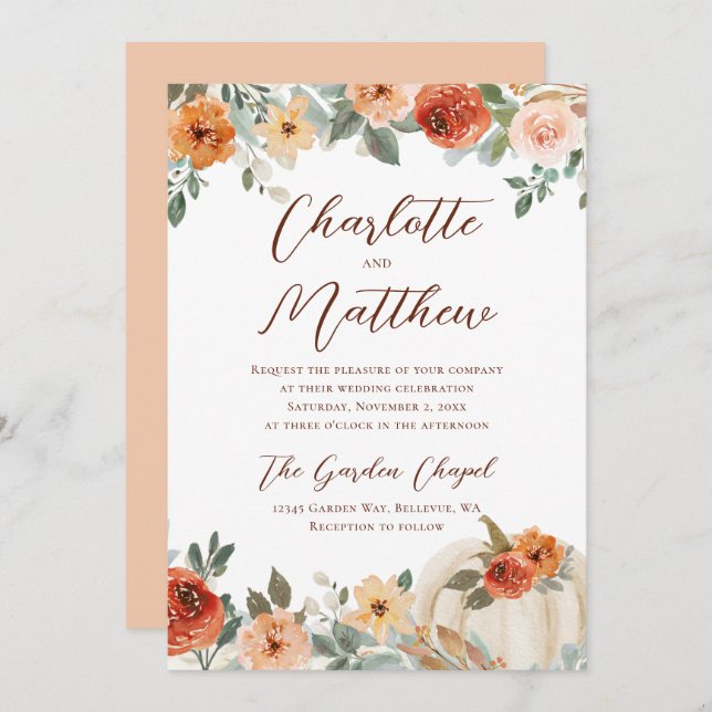 Terracotta Floral Fall Pumpkin Wedding Invitation (Front/Back)