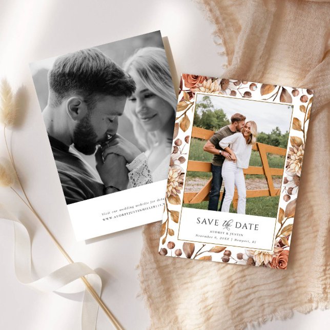 Terracotta Floral Frame 2 Photo Save the Date Invitation (Creator Uploaded)