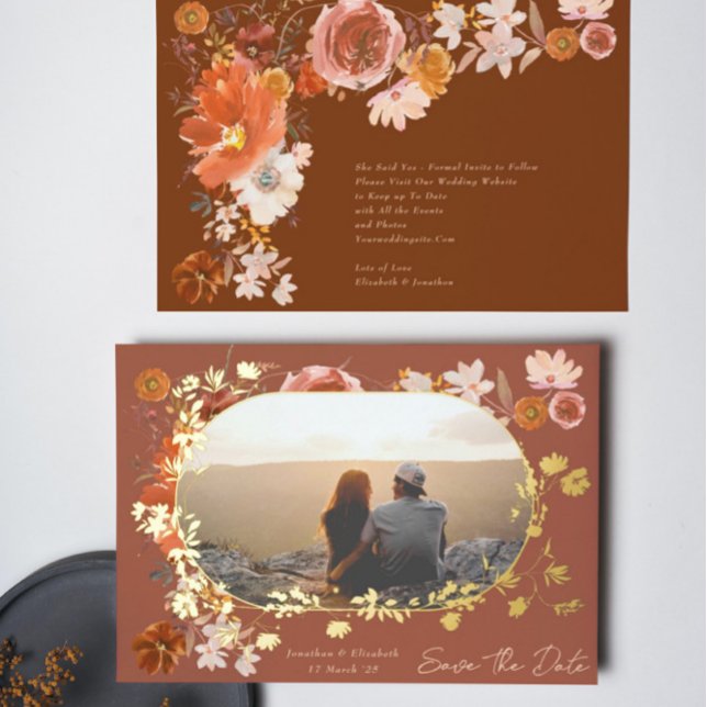 Terracotta Floral Frame Photo Save The Date Gold (Creator Uploaded)