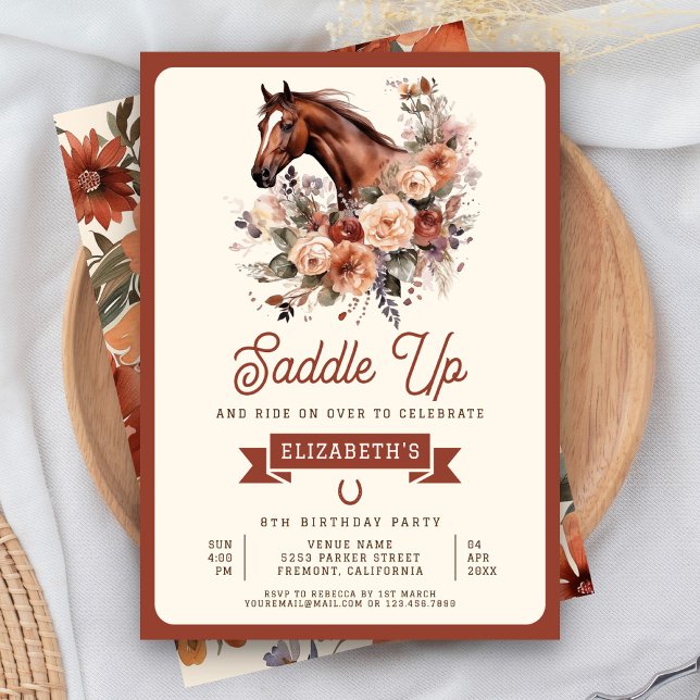 Terracotta Floral Horse Cowgirl Birthday Party Invitation (Creator Uploaded)