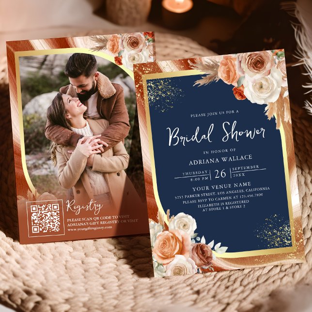 Terracotta Floral Navy Blue QR Code Bridal Shower Invitation (Creator Uploaded)