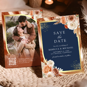 Terracotta Floral Navy Blue QR Code Photo Wedding Save The Date