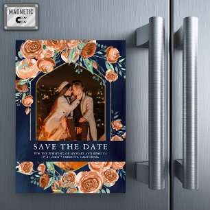 Terracotta Floral Navy Photo Wedding Save the Date Magnetic Invitation