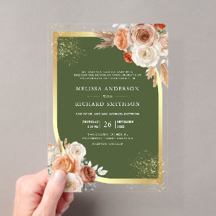 Terracotta Floral Olive Green Gold Wedding Acrylic Invitations