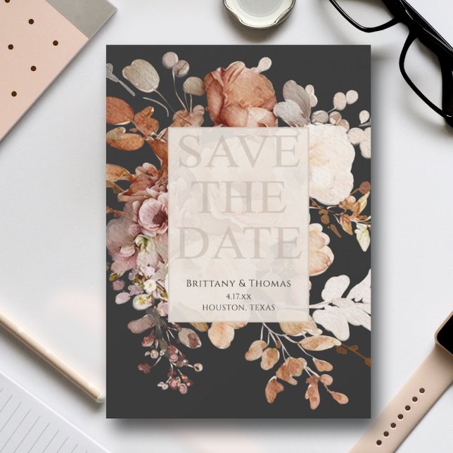 Terracotta Floral on Black Save the Date Invitation (Creator Uploaded)