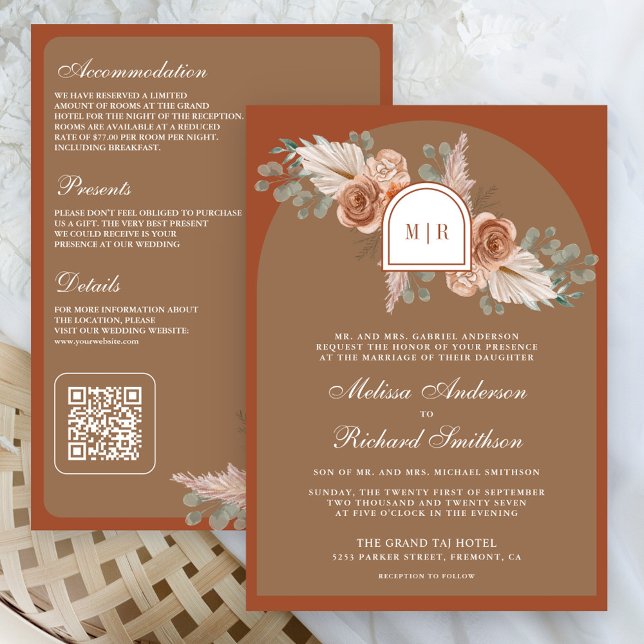 Terracotta Floral Pampas Beige Tan QR Code Wedding Invitation (Creator Uploaded)