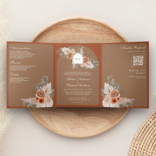 Terracotta Floral Pampas Beige Tan QR Code Wedding Tri-Fold Invitation