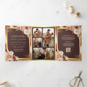 Terracotta Floral Pampas Espresso Brown Wedding Tri-Fold Invitation