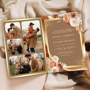 Terracotta Floral Pampas Gold Beige Tan Wedding Invitation