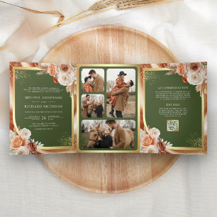 Terracotta Floral Pampas Gold Olive Green Wedding Tri-Fold Invitation