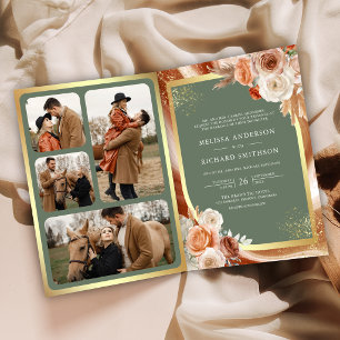 Terracotta Floral Pampas Gold Sage Green Wedding Invitation