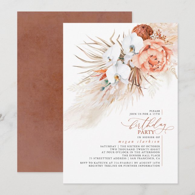 Terracotta Floral Pampas Grass Birthday Party Invitation (Front/Back)