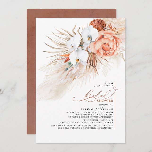 Terracotta Floral Pampas Grass Bridal Shower Invit Invitation (Front/Back)