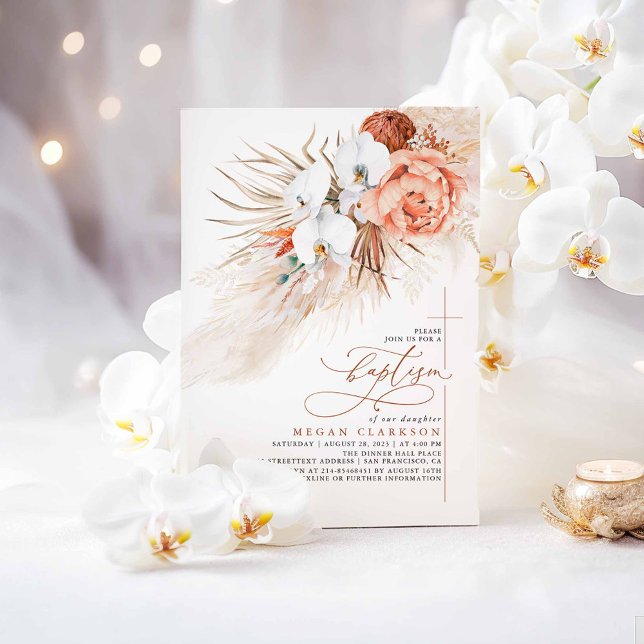 Terracotta Floral Pampas Grass Modern Baptism Invitation (Boho Terracotta Baptism Invitations)
