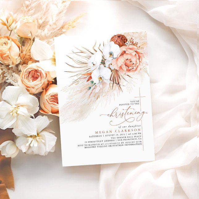 Terracotta Floral Pampas Grass Modern Christening Invitation (Terracotta Boho Floral Christening Invitations)