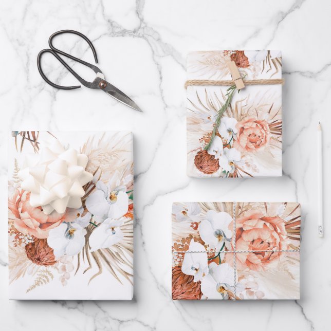 Terracotta Floral Pampas Grass Pattern Elegant Wra Wrapping Paper Sheet (Front)
