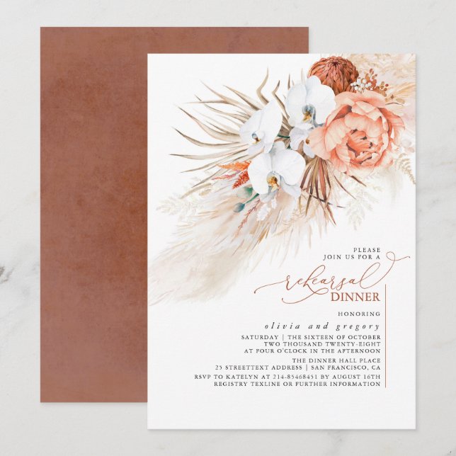 Terracotta Floral Pampas Grass Rehearsal Dinner In Invitation (Front/Back)