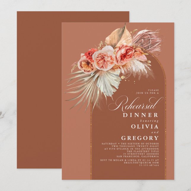 Terracotta Floral Pampas Grass Rehearsal Dinner Invitation (Front/Back)