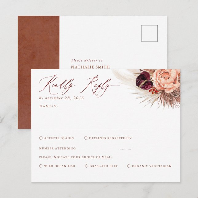 Terracotta Floral Pampas Grass RSVP Postcard (Front/Back)