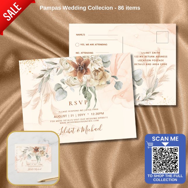 Terracotta Floral Pampas Grass RSVP WEDDING Postca Postcard (Creator Uploaded)