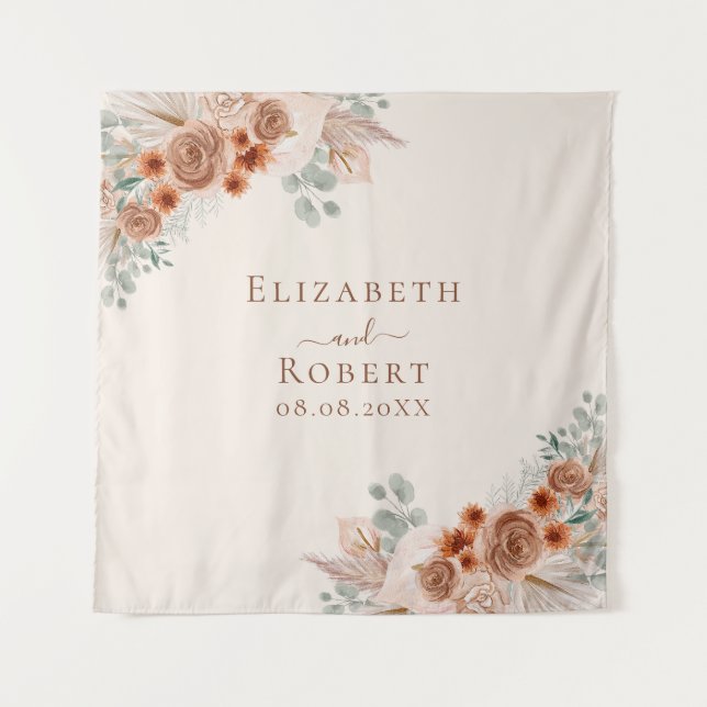 Terracotta Floral Pampas Grass Wedding Backdrop Tapestry (Front)