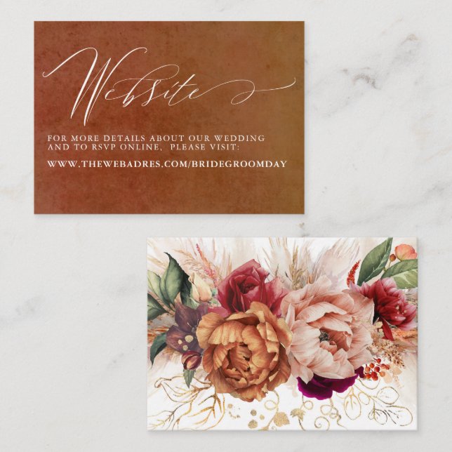 Terracotta Floral Pampas Grass Wedding Website Business Card (Front/Back)