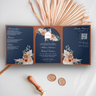 Terracotta Floral Pampas Navy Blue QR Code Wedding Tri-Fold Invitation