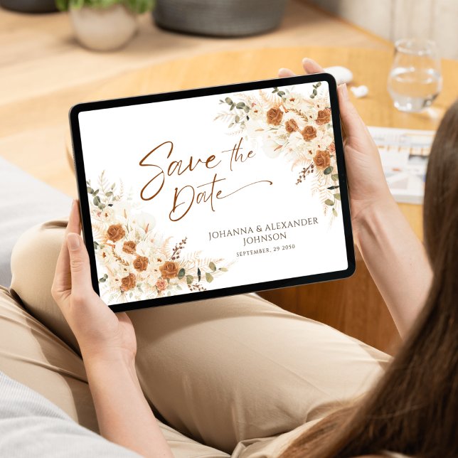 Terracotta Floral Pampas QR Code Wedding Save The Date (Creator Uploaded)