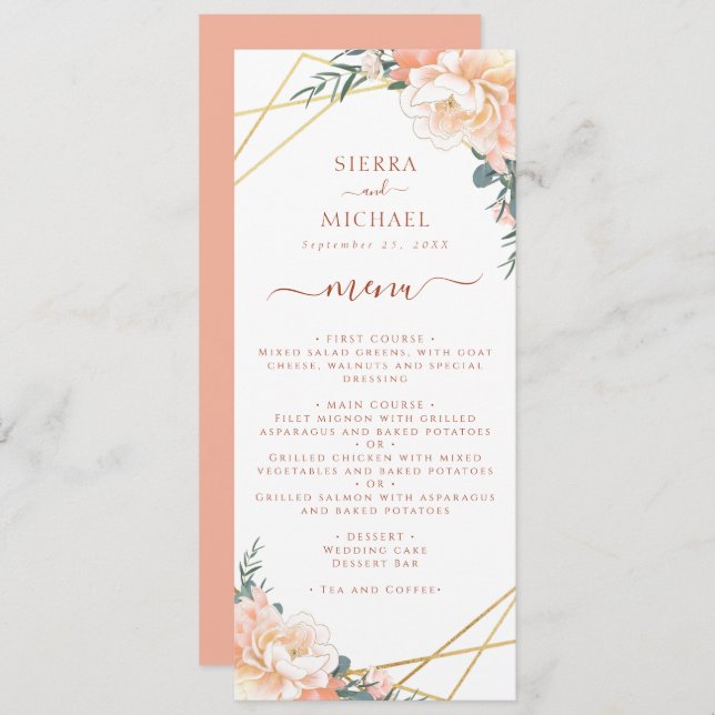 Terracotta Floral Peach Gold Wedding Reception Menu (Front/Back)