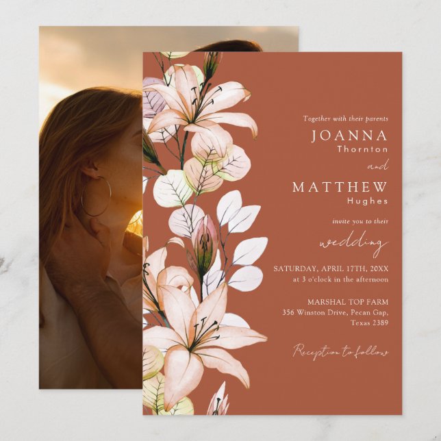 Terracotta Floral Photo Autumn Fall Wedding Invitation (Front/Back)