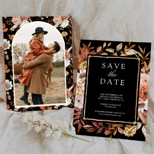 Terracotta Floral Photo Black Wedding Save The Date
