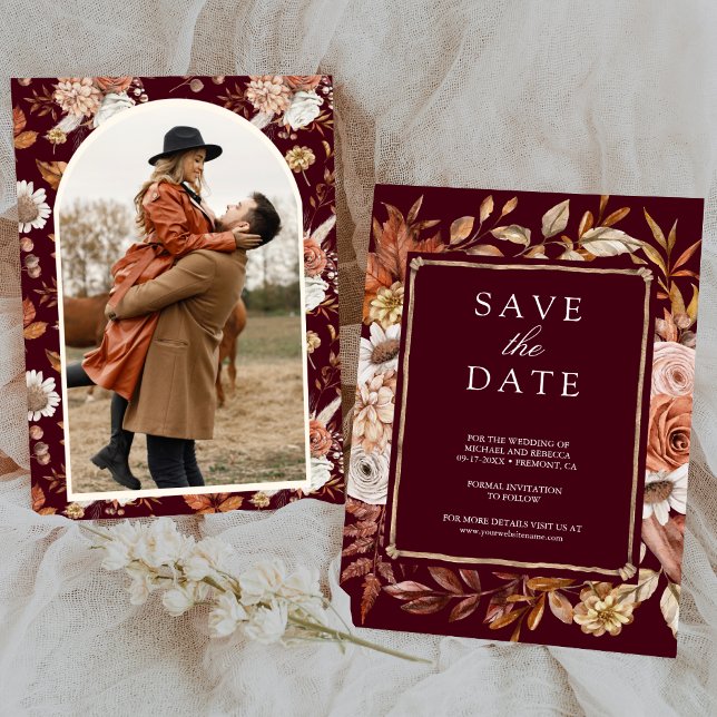 Terracotta Floral Photo Burgundy Wedding Save The Date (Creator Uploaded)