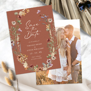 Terracotta Floral Photo Save The Date Flat Card