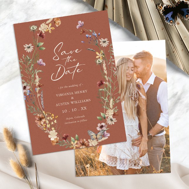Terracotta Floral Photo Save The Date Flat Card (Boho Terracotta Floral Photo Save The Date Flat Card by Painted Paperie
)