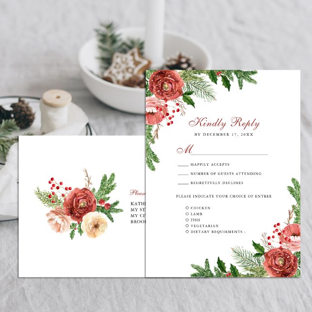 Terracotta Floral Pine Bough Foliage Wedding RSVP Invitation Postcard (Creator Uploaded)