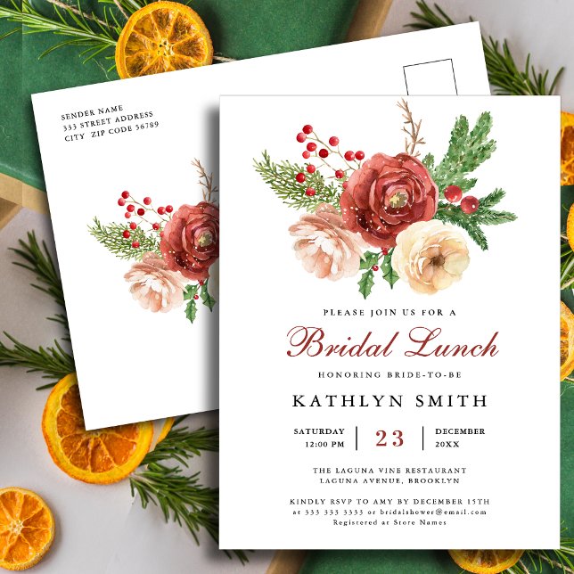 Terracotta Floral Pine Bough Greenery Bridal Lunch Invitation Postcard (Creator Uploaded)