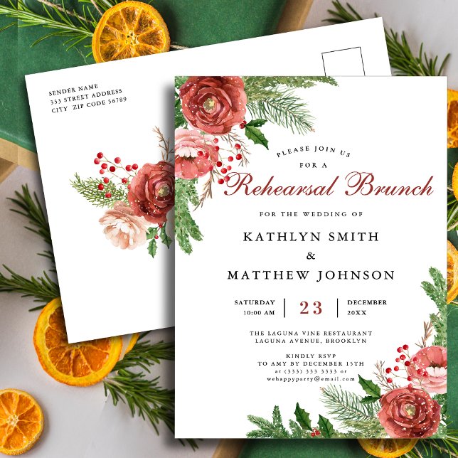 Terracotta Floral Pine Bough Rehearsal Brunch      Invitation Postcard (Creator Uploaded)