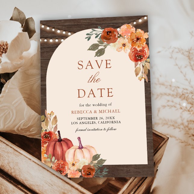 Terracotta Floral Pumpkin Barn Wood Wedding Save The Date (Creator Uploaded)
