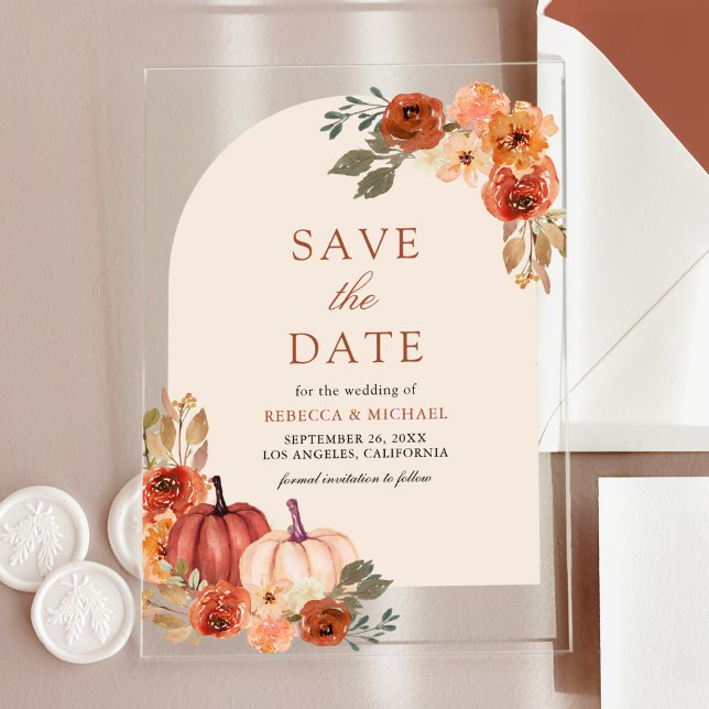 Terracotta Floral Pumpkin Wedding Save the Date Acrylic Invitations (Creator Uploaded)